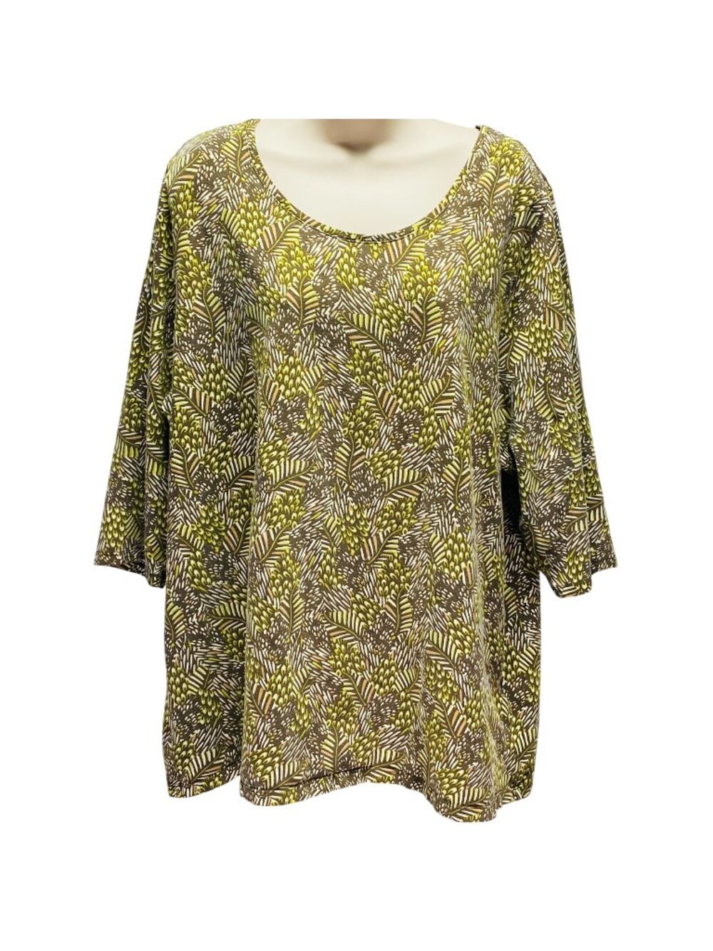 Catherines 1X Womens Green & Brown Leaf Pattern 3/4 Sleeve Scoop Neck Top